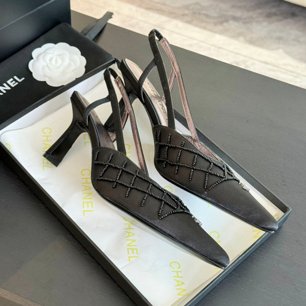CHANEL POINTED SLINGBACK MID HEELS BLACK LAMBSKIN