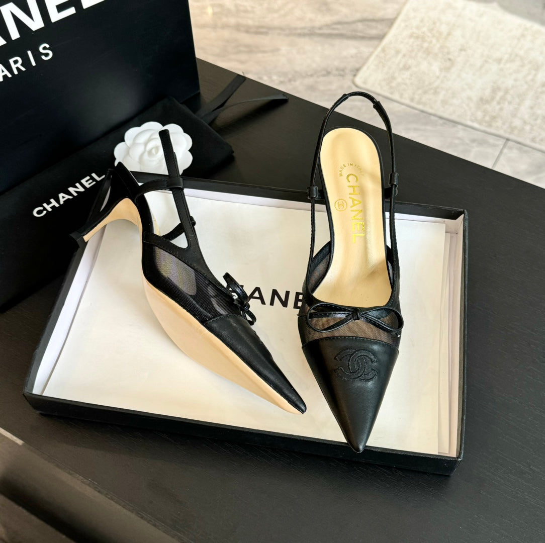 CHANEL MESH LOGO SLINGBACKS IN BLACK LAMBSKIN