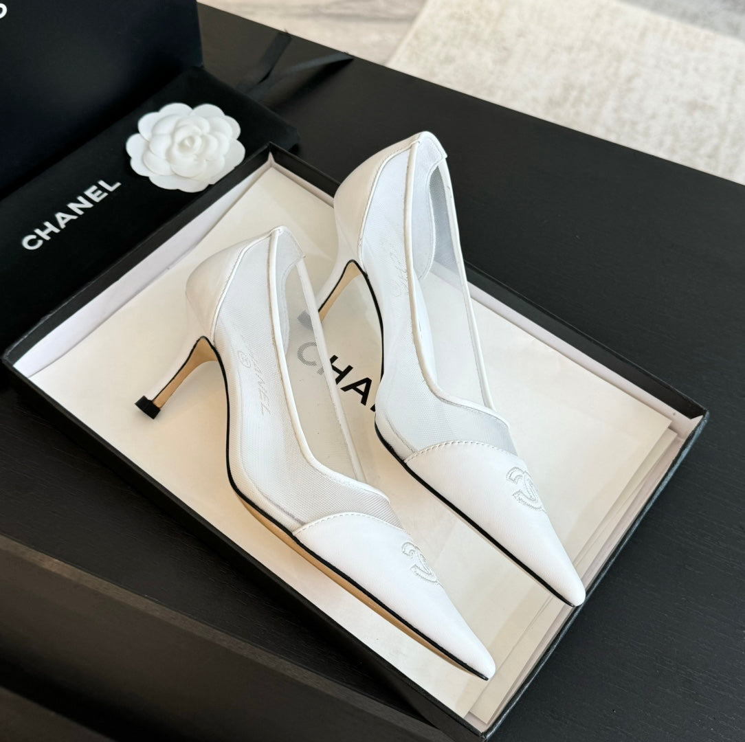 CHANEL MESH LOGO HEELS IN WHITE LAMBSKIN