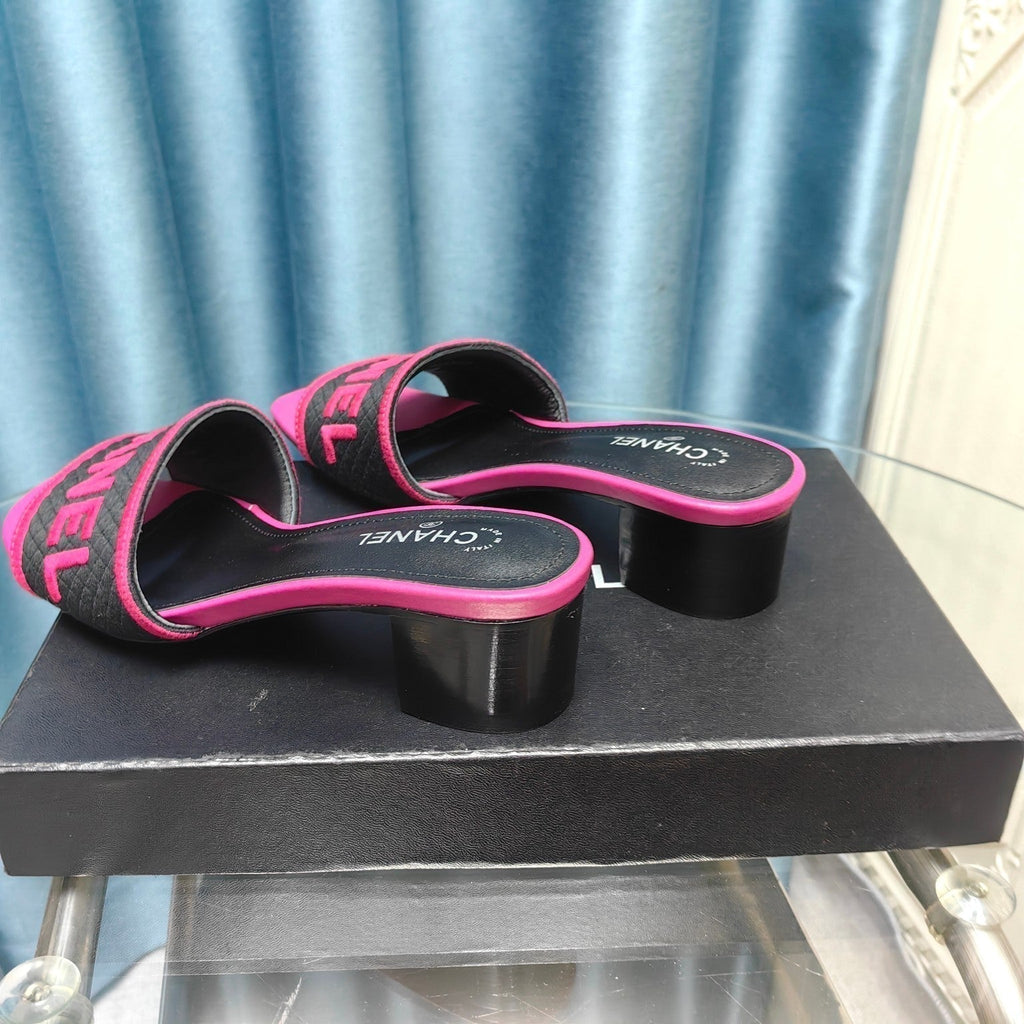 CHANEL MULE SANDAL 45 BLACK PINK FABRIC EMBROIDERY