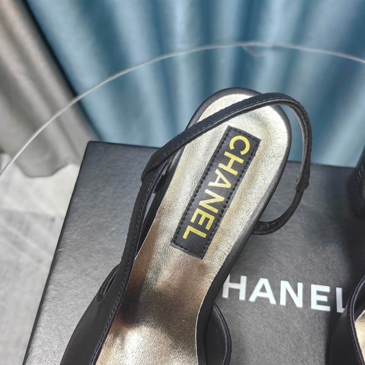 CHANEL HIGH SLINGBACKS IN BLACK LAMBSKIN