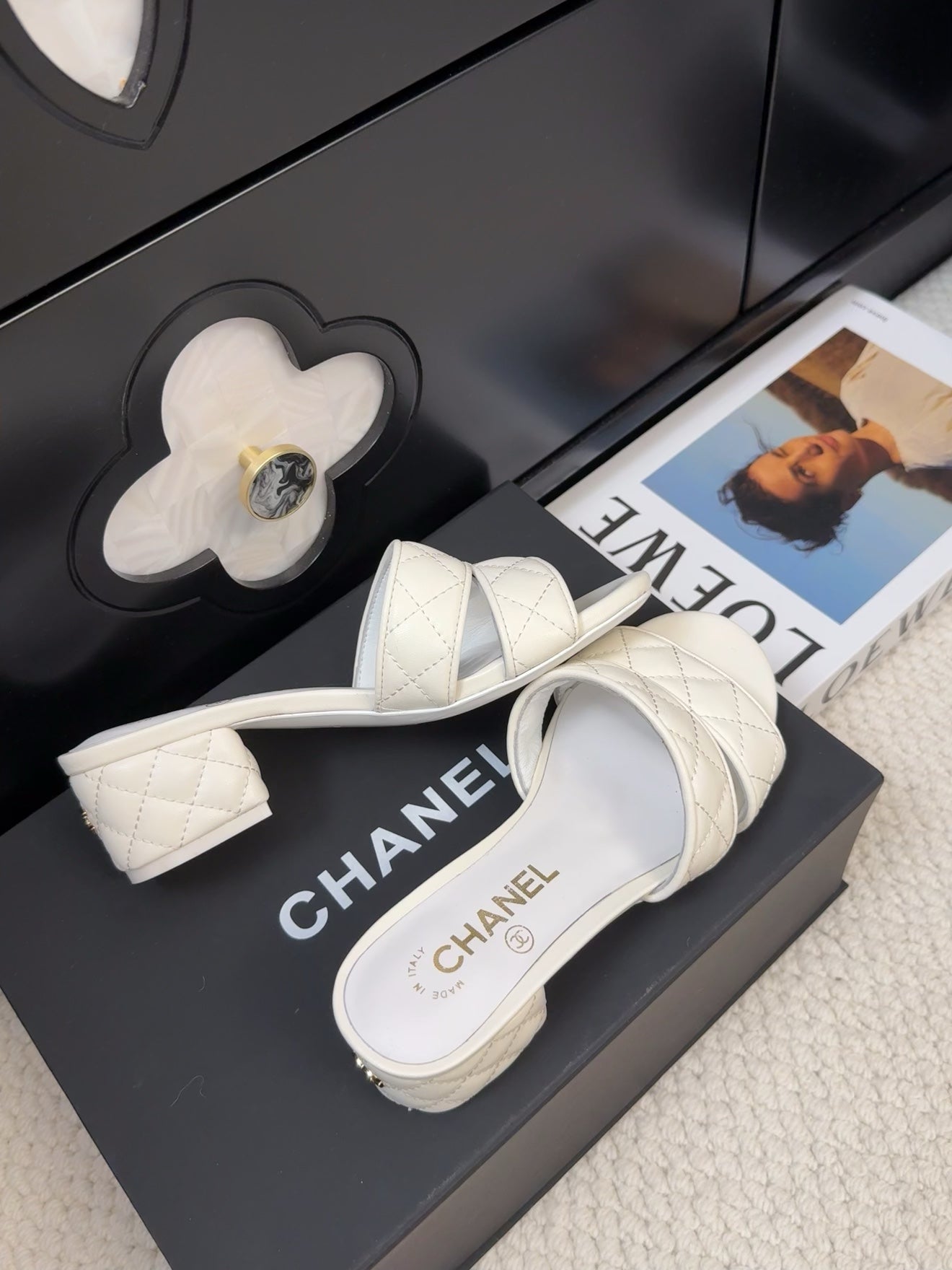CHANEL 25C Mule Sandal 45mm Open Heel White Lambskin 233495
