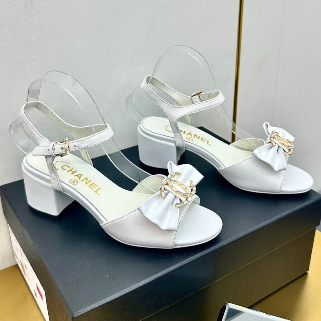 CHANEL BOWKNOT RHINESTONES MID HEEL SANDAL IN WHITE LAMBSKIN